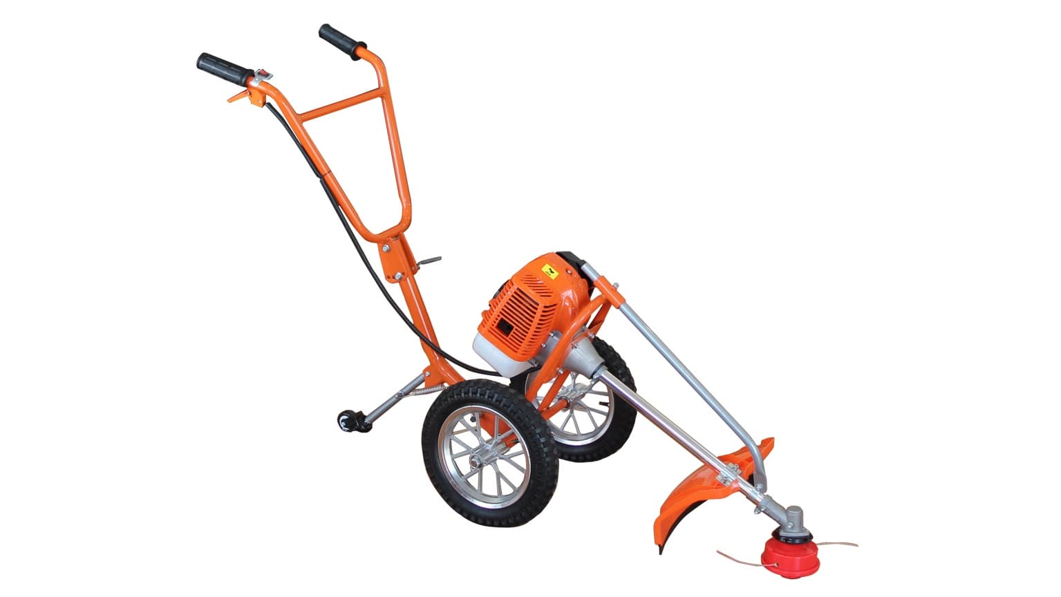 desbrozadora con ruedas de color naranja